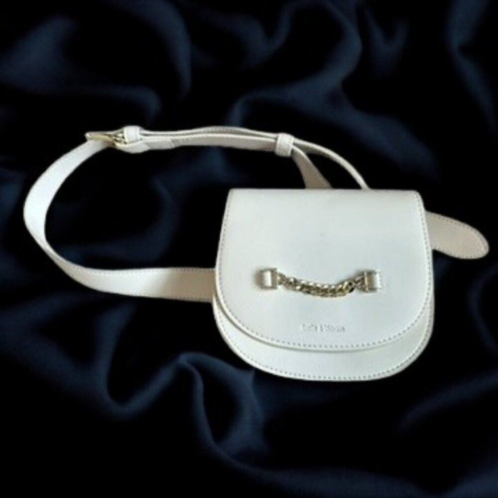 Belle & Bloom White Small Leather Bum Belt Beg, Gold Chain Accent
